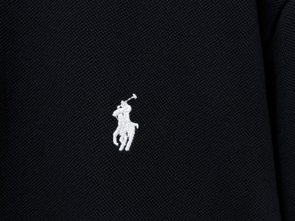 Men's Pique Knit Short‑Sleeve Polo Shirt Small Horse Embroidery Solid Black Casual Top