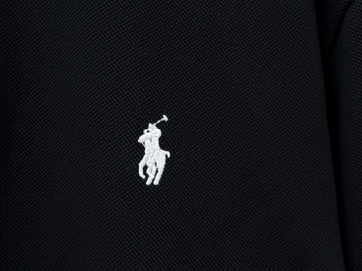 Men's Pique Knit Short‑Sleeve Polo Shirt Small Horse Embroidery Solid Black Casual Top