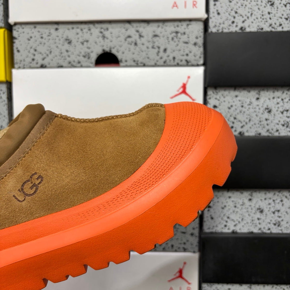 UGG Tasman X Platform Slip-On – Suede Clog with Shearling Lining, Paracord Toggle & Bold Orange Chunky Platform Sole in Chestnut