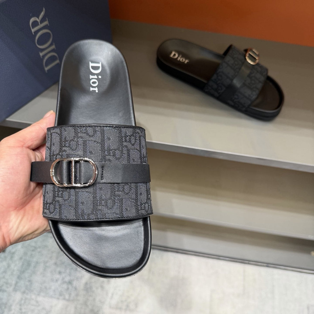 Dior Blue-Gray Pattern Slide Sandals